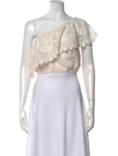 Pre-owned Miguelina Linen Lace Pattern Crop Top In Pink/white