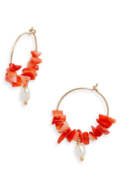 Miju Coral & Pearl Embellished Hoop Earrings In Gold/red