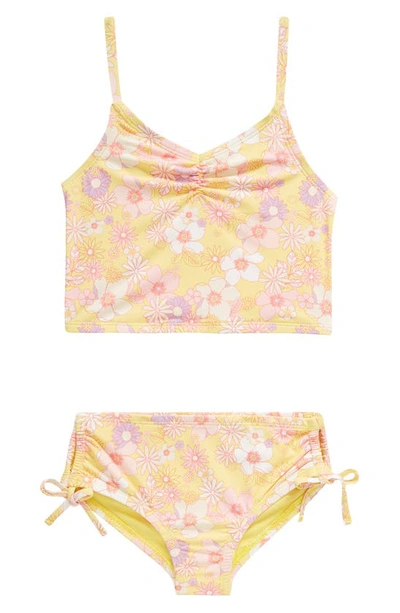 Miken Swim Kids' Floral Ruched Two-piece Swimsuit In Daffodil Yellow/ Swim Pink