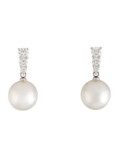 Pre-owned Mikimoto Morning Dew White South Sea Cultured Pearl & Diamond Earrings In Multicolor