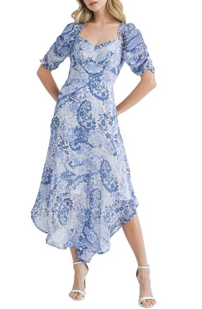 Mila Mae Ruched Sleeve Chiffon Maxi Dress In Blue Ivory