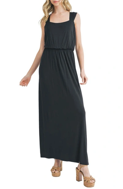 Mila Mae Square Neck Stretch Knit Sundress In Black Solid