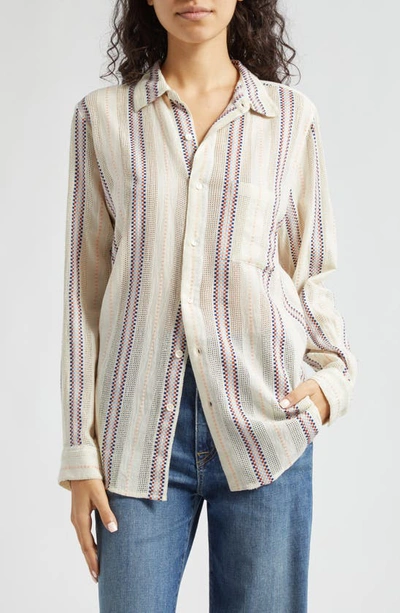 Mille Sofia Long Sleeve Burnout Lace Button-up Shirt In Okeeffe Stripe