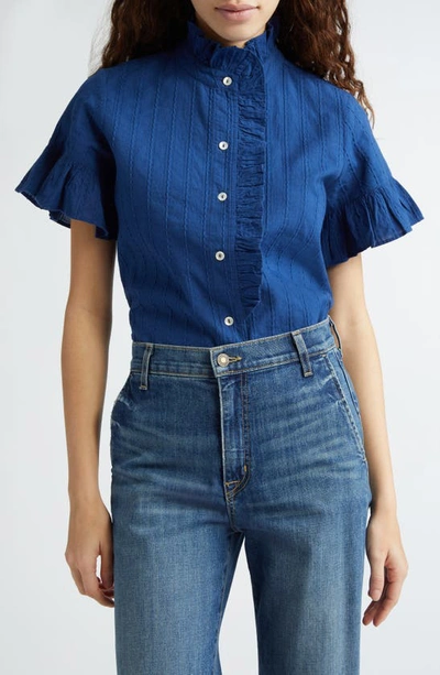 Mille Vanessa Ruffle Detail Cotton Blouse In Indigo