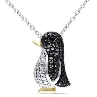 Mimi & Max Black Diamond Penguin Necklace In Two-tone White And Yellow Sterling Silver