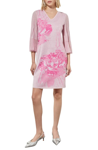 Ming Wang Floral Print Metallic Pleated Sleeve Shift Dress In Perfect Pink/carmine Rose