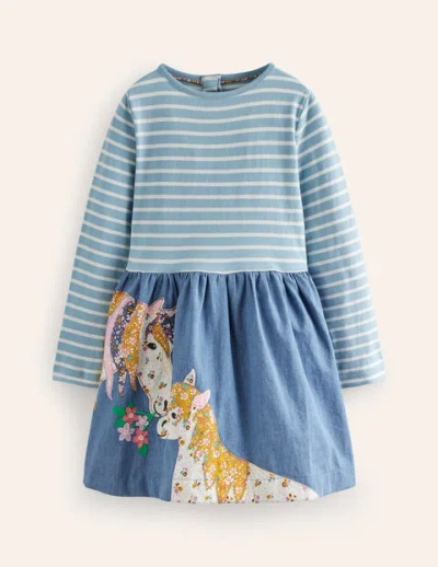 Mini Boden Kids' Appliqué Hem Logo Dress Chambray Blue Horses Girls Boden