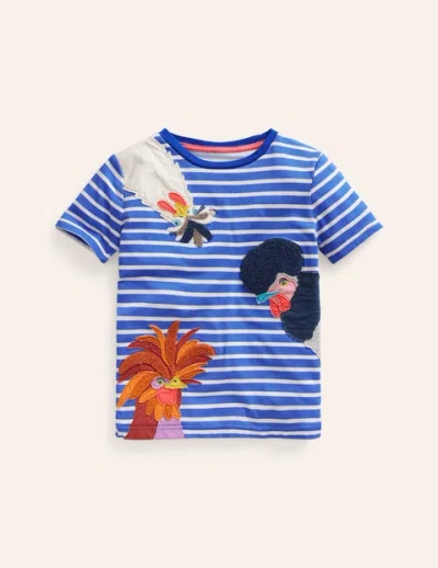 Mini Boden Kids' Appliqué Textured T-shirt Wisteria Blue/ivory Cockerels Boys Boden