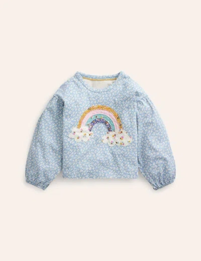 Mini Boden Kids' Blouson Sleeve Logo Top Vintage Blue Ditsy Rainbow Girls Boden