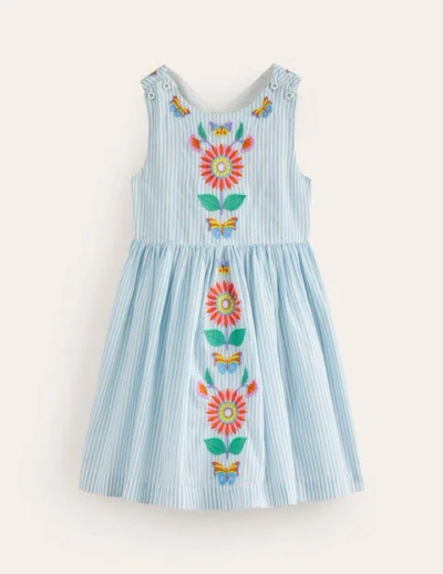Mini Boden Kids' Cross-back Dress Blue / Ivory Stripe Floral Girls Boden