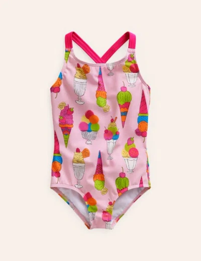 Mini Boden Kids' Cross-back Printed Swimsuit Pink Ice Creams Girls Boden