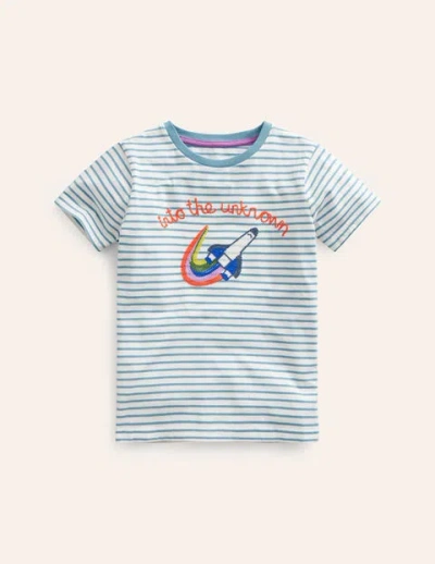 Mini Boden Kids' Embroidered Graphic T-shirt Sapphire Blue/ivory Rocket Boys Boden