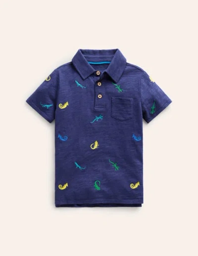 Mini Boden Kids' Embroidered Slubbed Polo Shirt College Navy Lizards Boys Boden