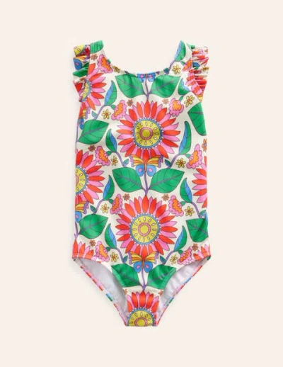 Mini Boden Kids' Frill Crossback Swimsuit Multi Daisy Vine Girls Boden