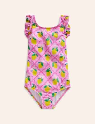 Mini Boden Kids' Frill Crossback Swimsuit Pink Lemon Grove Girls Boden
