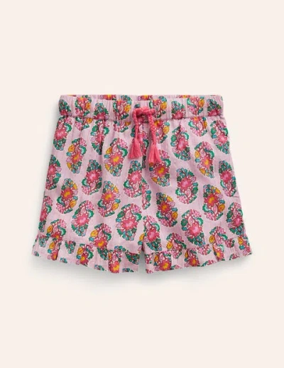 Mini Boden Kids' Frill Hem Woven Shorts Sugared Almond Pink Paisley Girls Boden