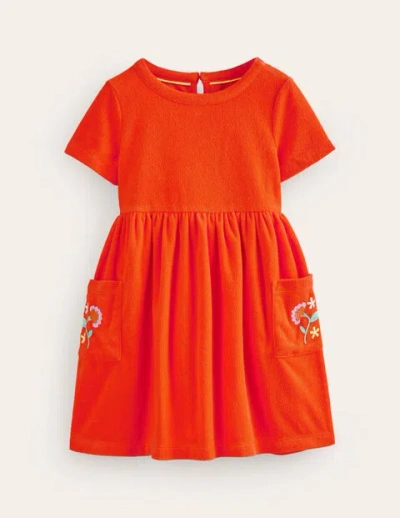 Mini Boden Kids' Fun Towelling Dress Jam Red Embroidery Girls Boden