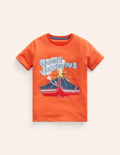Mini Boden Kids' Glow Textured Fact T-shirt Fire Opal Orange Volcano Boys Boden
