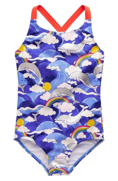 Mini Boden Kids' Crisscross Strap One-piece Swimsuit In Ultramarine Foil Dolphin