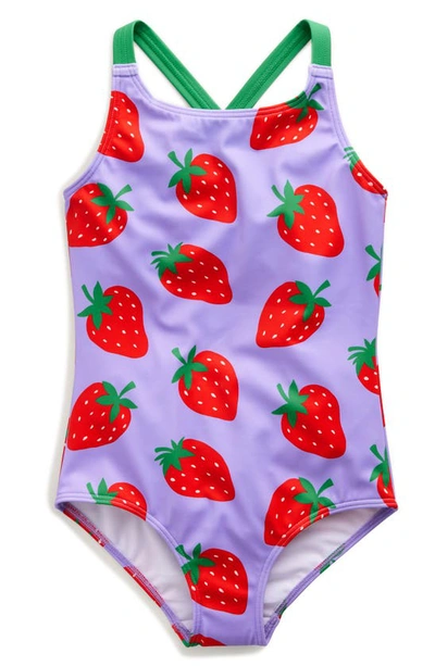 Mini Boden Kids' Crisscross Strap One-piece Swimsuit In Violet Tulip And Strawberries