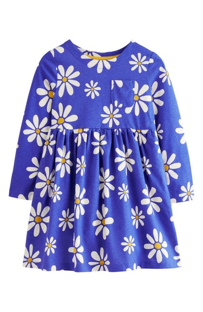 Mini Boden Kids' Daisy Print Long Sleeve Cotton Dress In Sapphire Blue Daisies