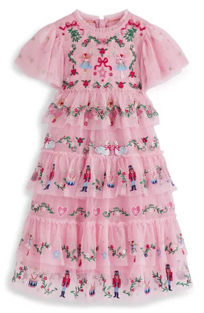 Mini Boden Kids' Embroidered Tulle Ruffle Dress In Pink