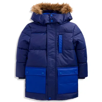 Mini Boden Kids' Fleece Lined Padded Faux Fur Trim Parka In Blue