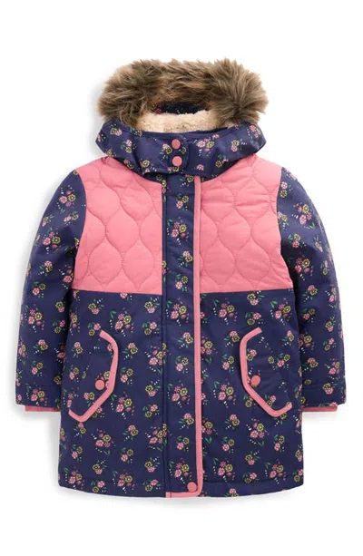 Mini Boden Kids' Joni Faux Fur Trim Quilted Parka In Blue