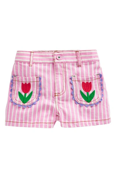 Mini Boden Kids' Stripe Embroidered Cotton Shorts In Pink / Ivory Stripe Tulip