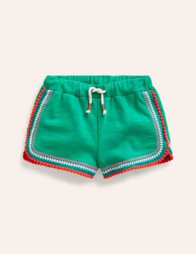 Mini Boden Kids' Pom Trim Jersey Shorts Jade Green Girls Boden