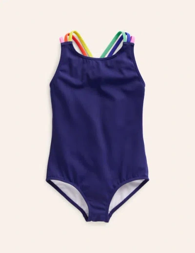 Mini Boden Kids' Rainbow Cross-back Swimsuit College Navy Girls Boden In Blue