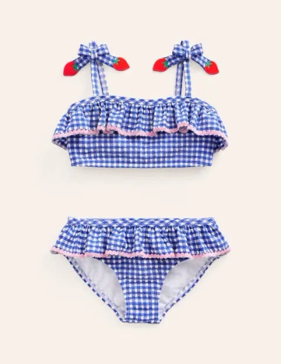 Mini Boden Kids' Seersucker Frilly Bikini Blue Gingham Strawberries Girls Boden