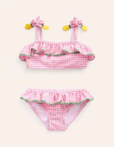 Mini Boden Kids' Seersucker Frilly Bikini Pink Gingham Lemons Girls Boden