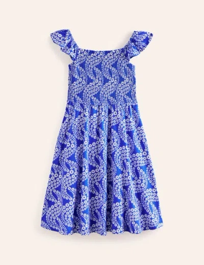 Mini Boden Kids' Shirred Jersey Dress Greek Blue Daisy Wave Girls Boden