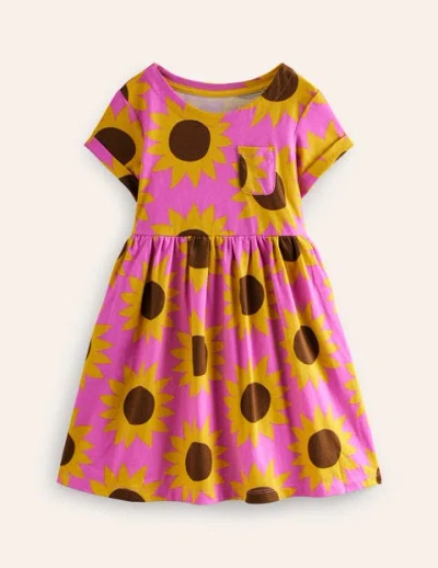 Mini Boden Kids' Short-sleeved Fun Jersey Dress Pink Sunflower Geo Girls Boden