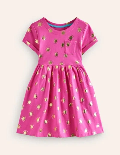 Mini Boden Kids' Short-sleeved Fun Jersey Dress Tickled Pink/gold Suns Girls Boden