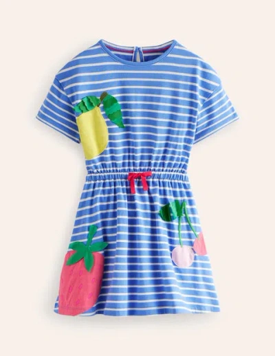 Mini Boden Kids' Tie Waist Applique Dress Surf Blue/ivory Fruit Girls Boden