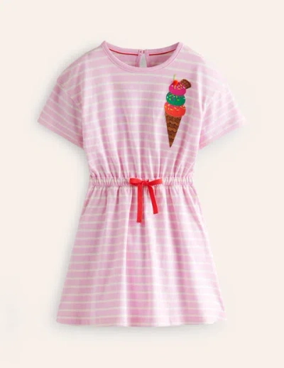 Mini Boden Kids' Tie Waist Applique Dress Sweet Pea/ivory Ice Cream Girls Boden In Pink