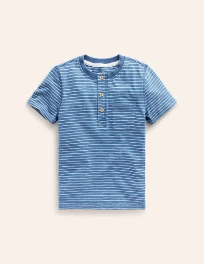 Mini Boden Kids' Washed Cotton Henley T-shirt Indigo Stripe Boys Boden In Blue