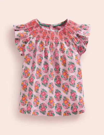 Mini Boden Kids' Woven Smocked Top Sugared Almond Pink Paisley Girls Boden