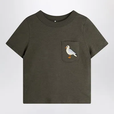 Mini Rodini Kids' Faded Black T-shirt With Seagull Embroidery