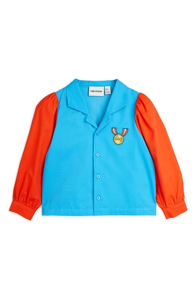 Mini Rodini Kids' Colorblock Embroidered Organic Cotton Button-up Shirt In Blue Multi