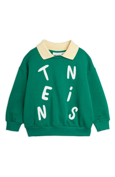 Mini Rodini Kids' Tennis Appliqué Collared Organic Cotton Graphic Sweatshirt In Green