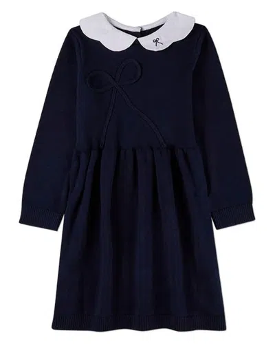 Minimoi Kids'  Midi Dress With Scalloped Pop Collar And Bow Accents In Blue
