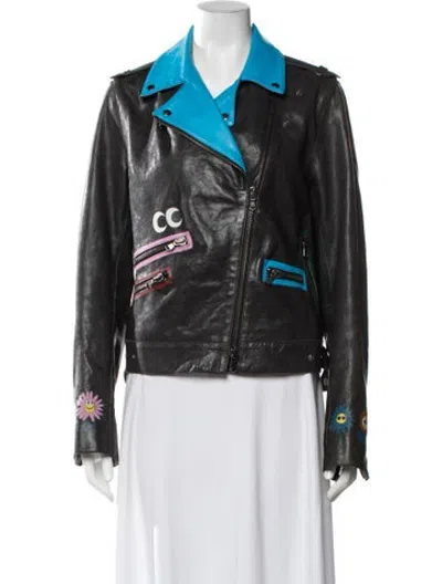 Pre-owned Mira Mikati Leather Graphic Print Biker Jacket In Black