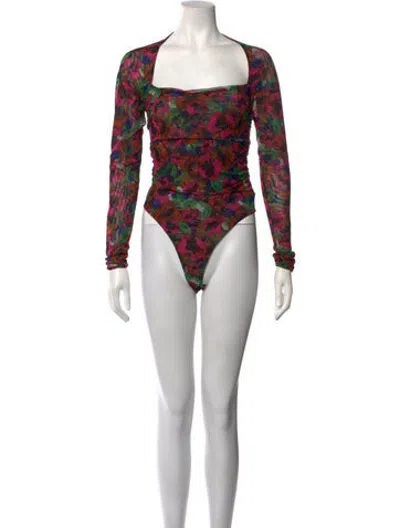 Pre-owned Misa Floral Print Square Neckline Bodysuit In Purple