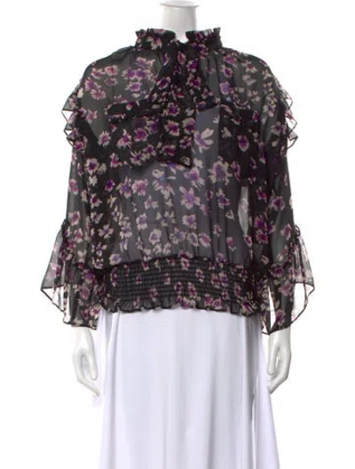Pre-owned Misa Floral Print Tie Neck Blouse In Black