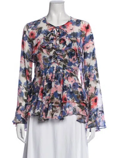 Pre-owned Misa Floral Print Tie Neck Blouse In Blue