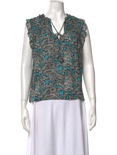 Pre-owned Misa Floral Print Tie Neck Blouse In Grey