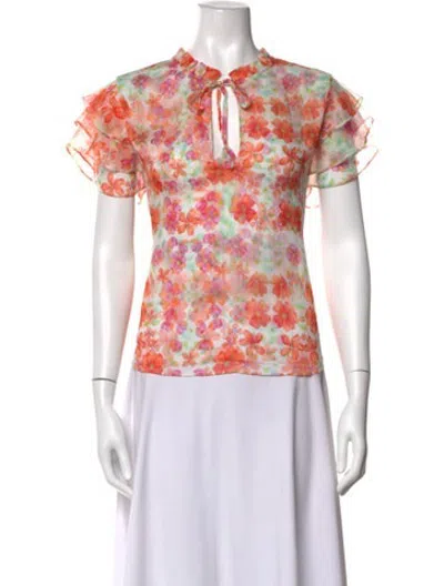 Pre-owned Misa Floral Print Tie Neck Blouse In Orange